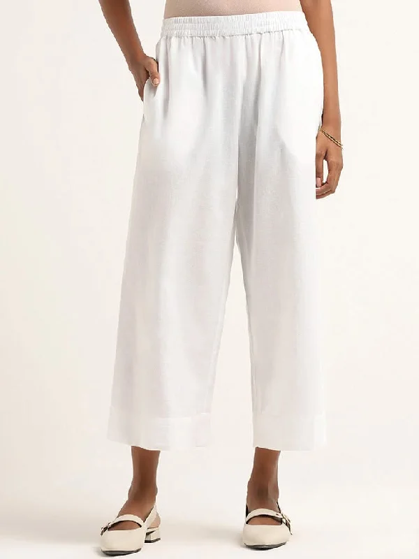Utsa White Cotton Straight-Leg Pants Trendy Tapered Pants