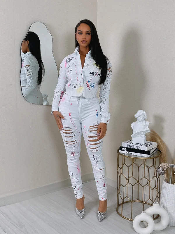 SD110+110P - PAINTED DISTRESSED JACKET & PANTS SET Denim Jacket Leather Jacket Suede Jacket
