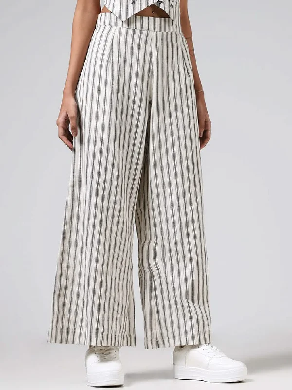 Bombay Paisley Off White Striped Wide-Leg Blended Linen Pants Elegant High-Waist Pants