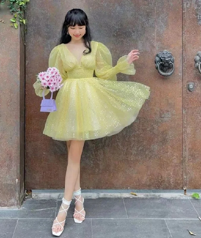 Yellow Glitter Tulle V-neck Homecoming Dresses Puff Sleeves Above Knee Cocktail Dresses Vestidos De Novia Party Dress Tunics Top Casual