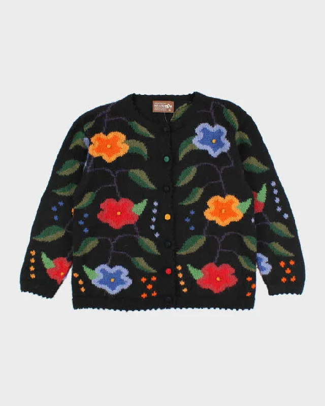 Vintage Alpaca Knit Floral Cardigan - M Embroidered Appliqued Beaded