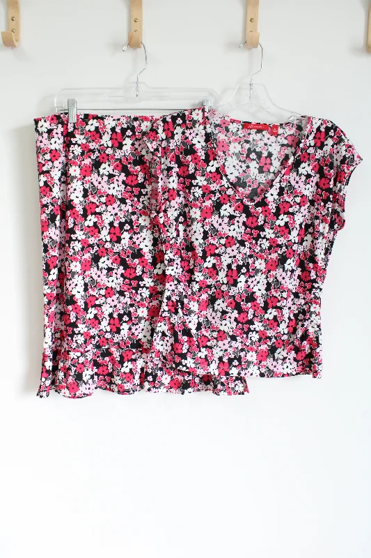 Anne Klein Pink Black Floral Top & Skirt Set | M a-line skirt cut