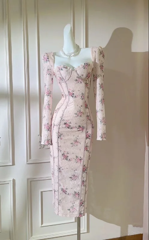 Pink Sweetheart Long Sleeves Sheath Cocktail Dress Party Dress, D221 Tunics Designer luxury