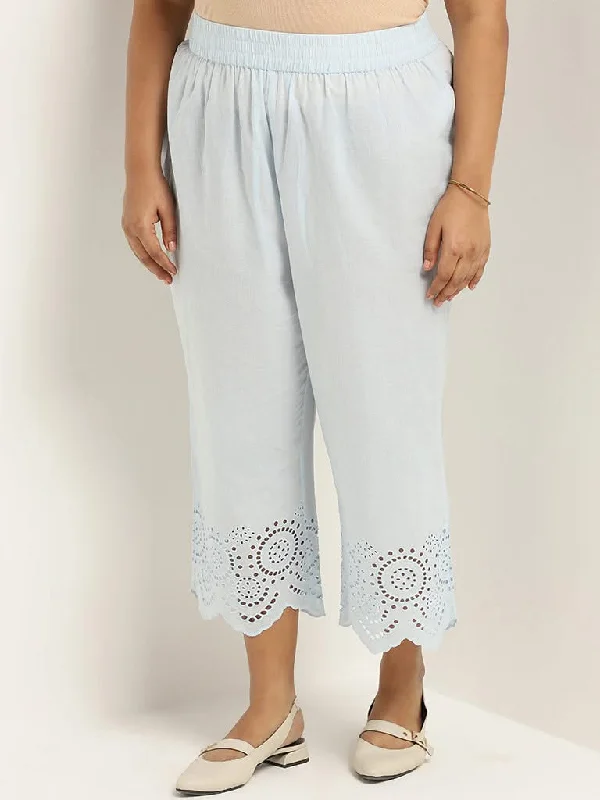 Diza Light Blue Cotton Cutwork Pants Slim-Fit Leggings
