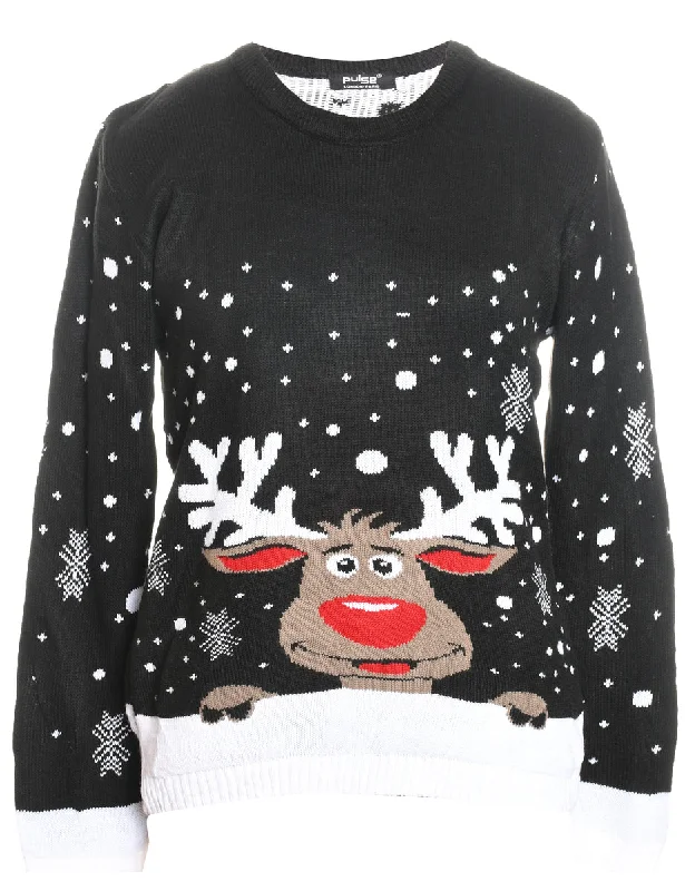 Reindeer Design Christmas Cardigan  - L Herringbone Houndstooth Plaid