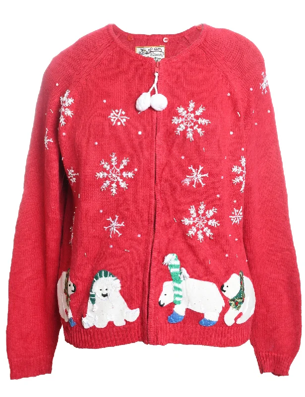 Polar Bear Design Christmas Cardigan - L Chenille Brocade Lace