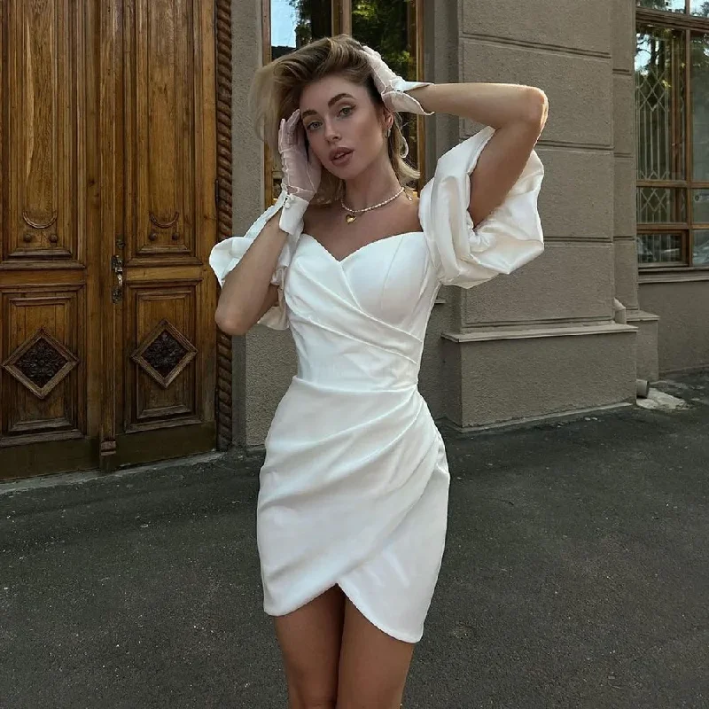 Mini Mermaid Wedding Party Dresses Sweetheart Off Shoulder Bridal Gowns Puff Sleeves Pleat Homecoming Dresses for Women Evening Peplum Ruffle Cocktail