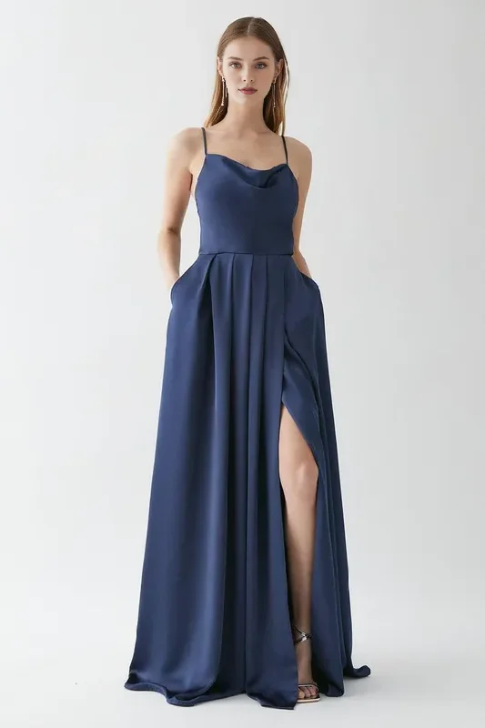 Drape Satin Thigh Split Sweeping Bridesmaid Maxi Dress A-Line Party Dresses Wedding Guest Dresses Tunics Versatile stylish