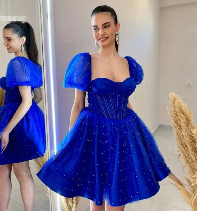 Short Homecoming Dress Mini Length Royal Blue Pearls Party Dresses Cap Sleeves Prom Dress Ever Pretty Cocktail Dresses Tunics Trendy modern