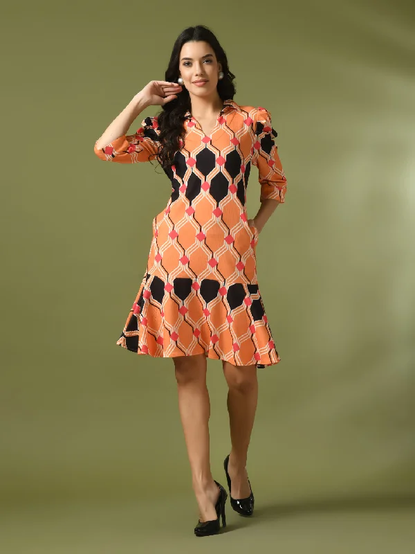 Women's  Multi Printed Shirt Collar Fit And Flare Party Dress  - Myshka Tunics Evening elegant