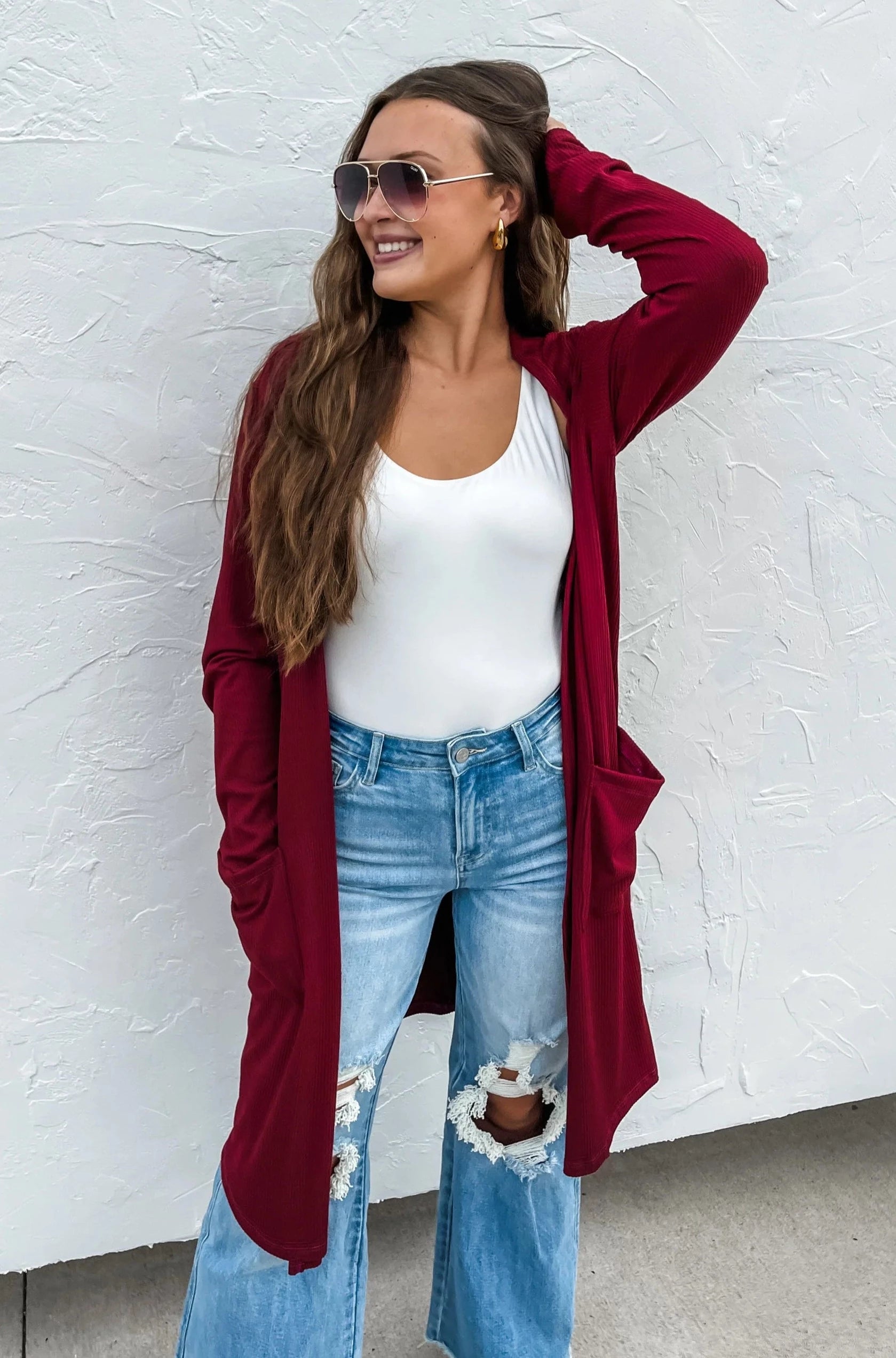 Blakeley Sierra Cardigan - Burgundy/Wine Crew Neck V-Neck Turtle Neck