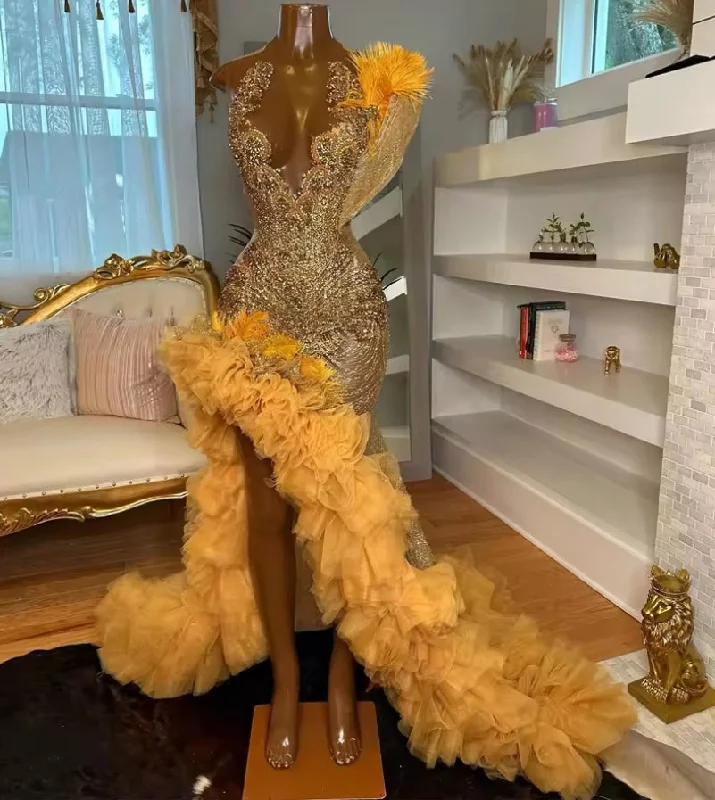 Gold Feathers Shinny Ruched Silt Rhinestone Prom Dresses For Black Girls Mermaid Birthday Party Dress Homecoming Gown robe Tunics Custom made