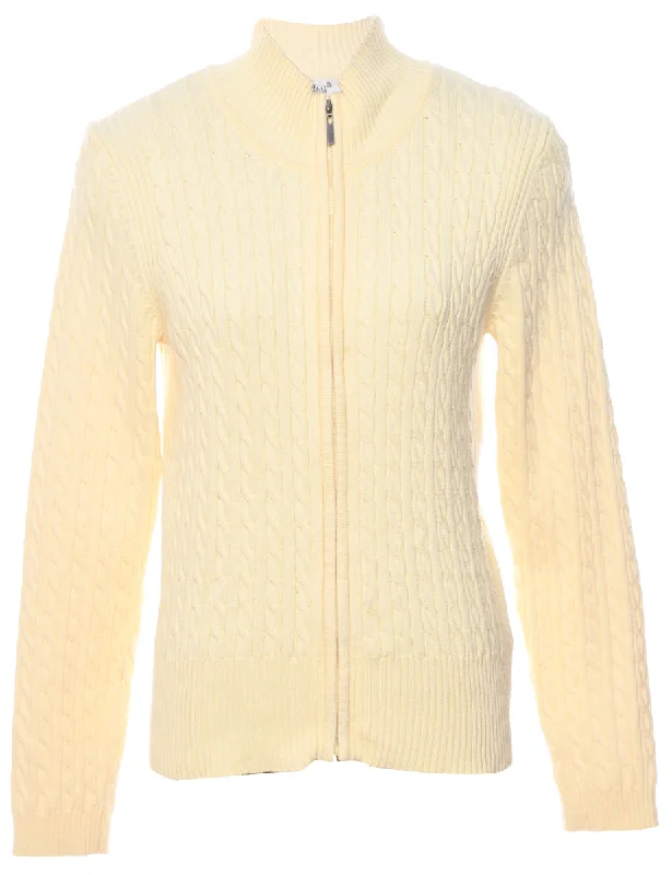 Pale Yellow Cable Knit Cardigan - M Houndstooth Herringbone Solid