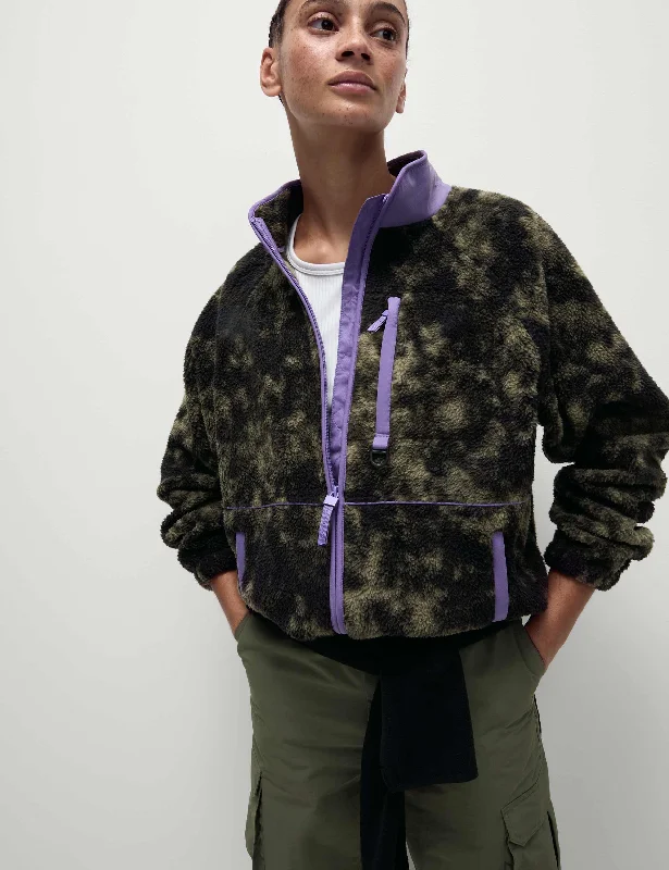 Borg Zip Up Printed Funnel Neck Fleece Jacket - Khaki Mix Rayon Jacket Velvet Jacket Corduroy Jacket