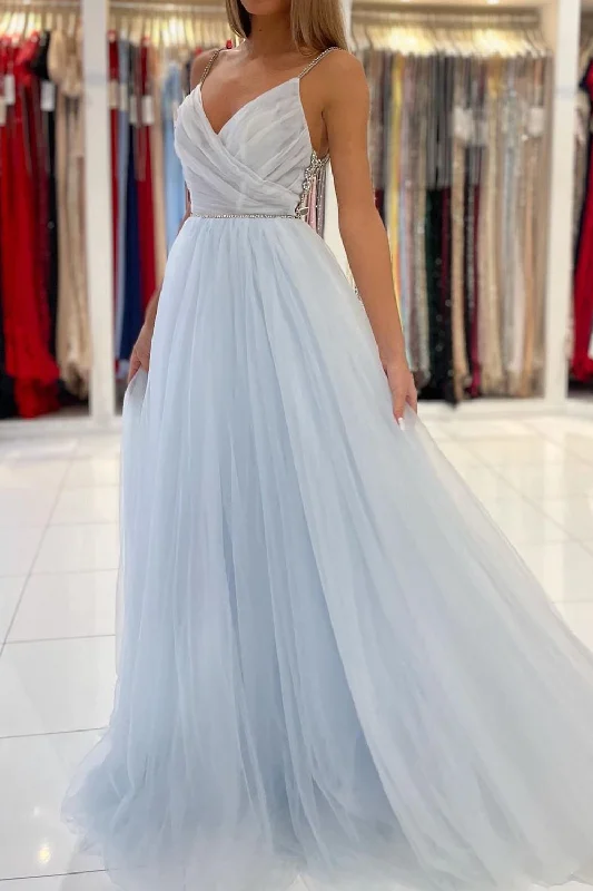 Pleated V Neck Light Blue Tulle Party Dress Rhinestones A Line Prom Dress PD2863 Tunics Print Colorful