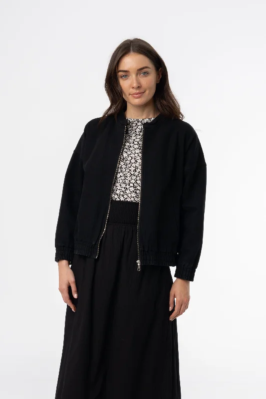 Black Denim Oversized Jacket Welt Pockets Slit Pockets Flap Pockets