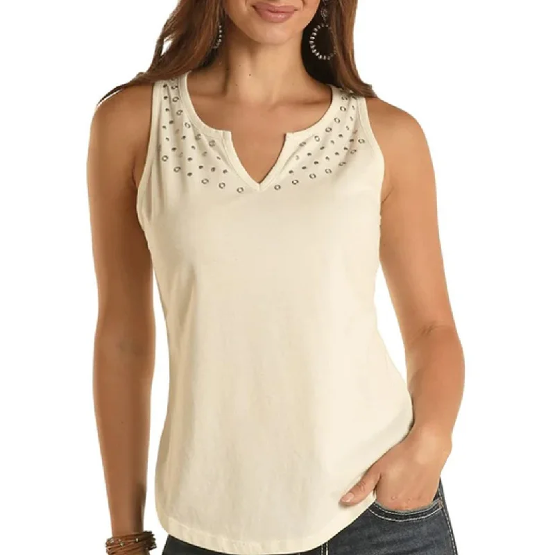Rock & Roll Cowgirl Women's Studded Tank Top lemon yellow tank