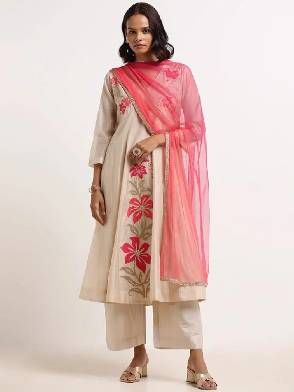 Vark Beige Embroidered Kurta, Pants & Dupatta Set Relaxed Lounge Trousers