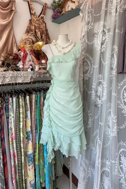 Sage Green Chiffon Ruffles Midi Length Vintage Party Dress Cocktail Dress, D336 Tunics Winter warm