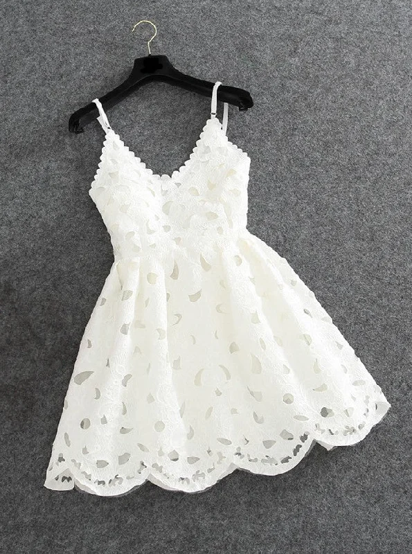 Cute White Short/Mini Spaghetti Straps Hollow Lace Prom Dress Party Dress OC102 Tunics Wedding white