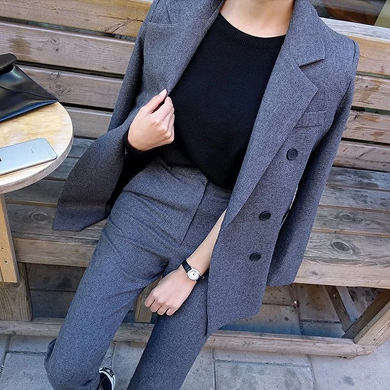 Fashion Business Pant Suits Uniform Formal Double Breasted Jacket and Long Pant Black Blazer Set Women OL 2 Two Pieces Suits Tailored Jacket Straight Jacket A-Line Jacket
