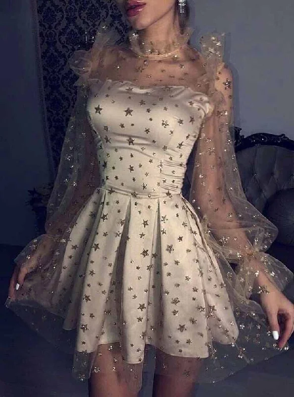 Starry Night Party Dress Tulle Long Sleeves Star Homecoming Dress OM207 Tunics Short Trendy