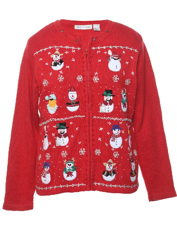Snowman Christmas Cardigan - M Solid Print Embellished