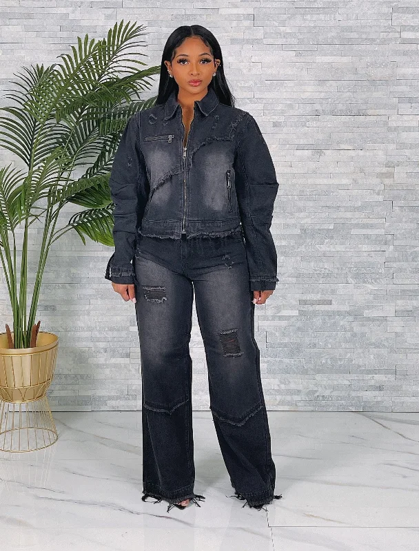 9469+9468P - DENIM DISTRESSED JACKET&FRAYED PANTS SET Nylon Jacket Polyester Jacket Spandex Jacket