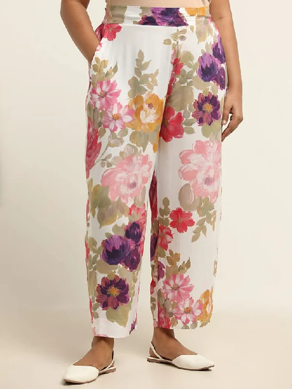 Diza White Floral Printed Straight Pants High-Waist Trousers
