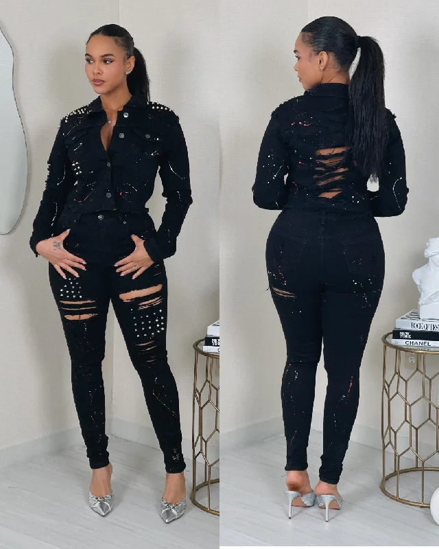 SD115+115XP - STUDDED DETAIL PAINTED JACKET & PANTS SET (PLUS) Chenille Jacket Brocade Jacket Lace Jacket
