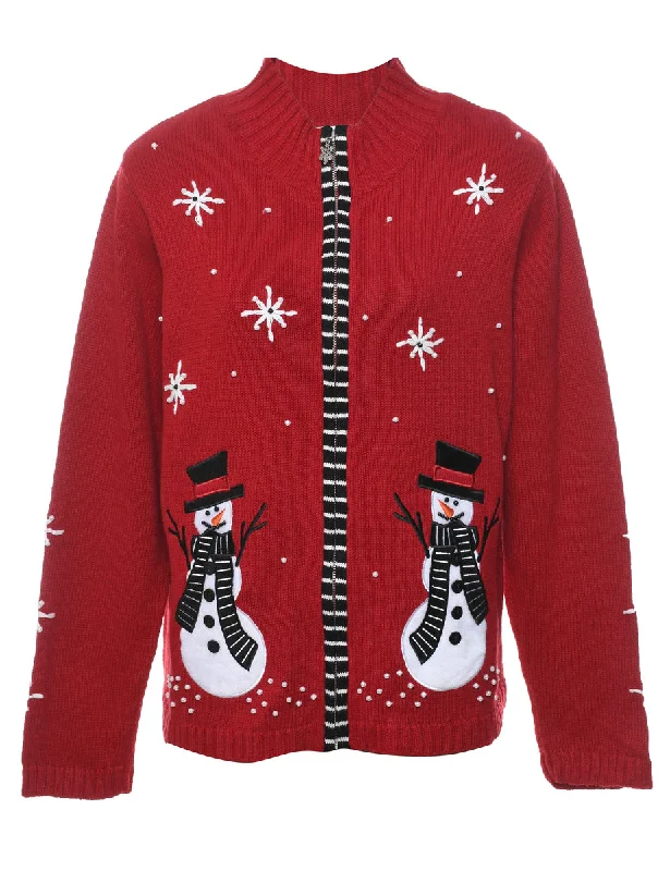 Snowman Christmas Cardigan - M Ribbed Striped Patterned