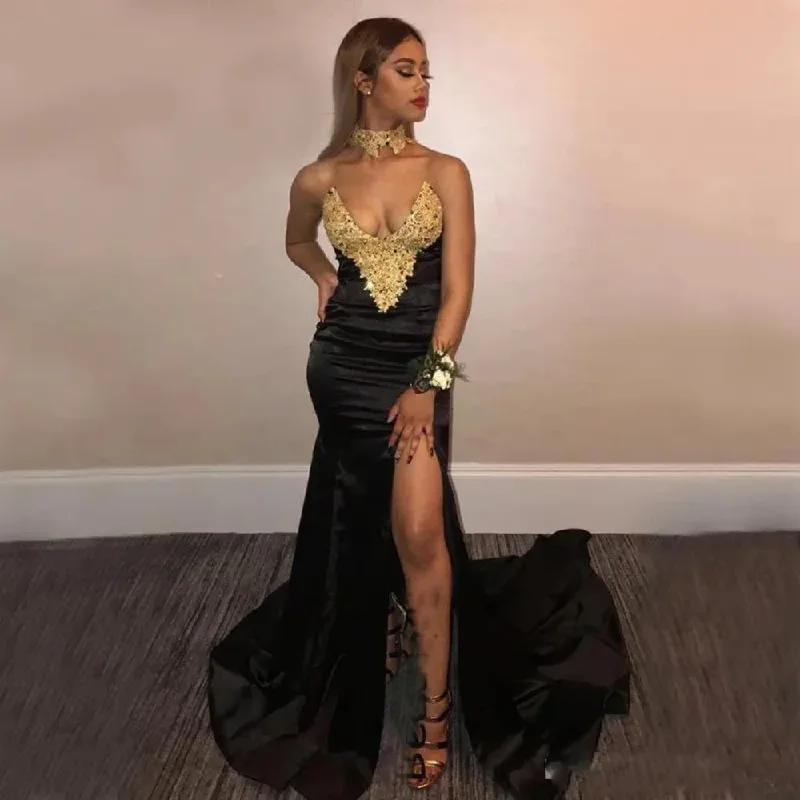 Gold Lace Appliques Prom Party Dress Custom Black Satin Mermaid High Side Split Women Evening Dress Cocktail Dress New Vestidos Tunics Plaid country