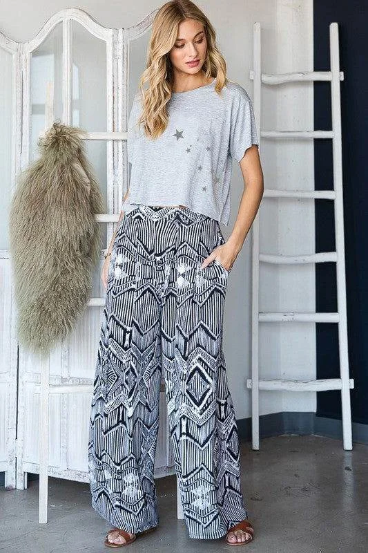 Retro Vintage Print Wide Pants With Pocekts Plus Chic Capri Pants