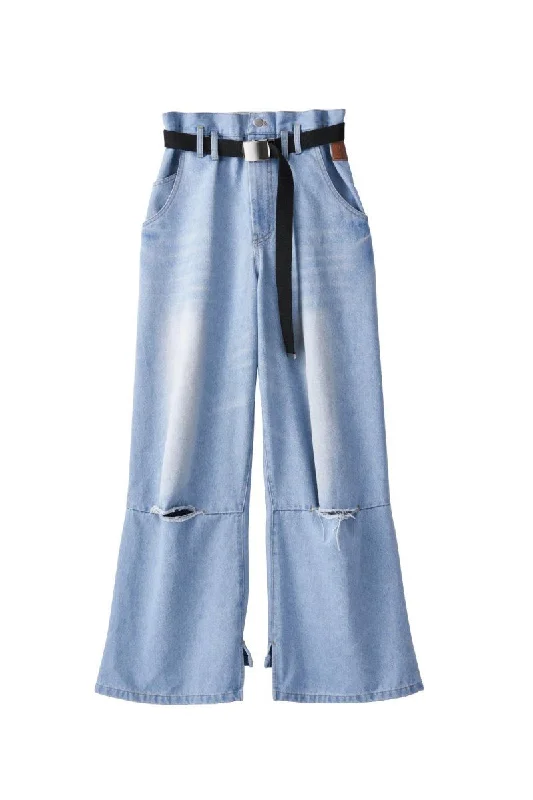 Ripped Buggy Denim Pants/2color Comfortable Fleece Pants