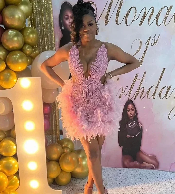 Pink Diamond Feather Short Prom Dresses Black Girls Sexy Birthday Party Dress Beaded African Mini Cocktail Dresses Homecoming Tunics Sophisticated sleek