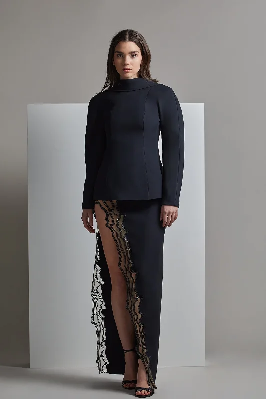 Long sleeves jacket with embroidered skirt Notch Collar Jacket Peter Pan Collar Jacket Cowl Neck Jacket