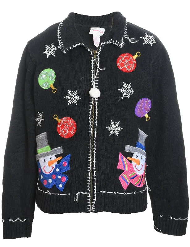 Snowman Design Black Embroidered Zip-Front Christmas Cardigan - L Beaded Cardigan Sequined Faux Fur