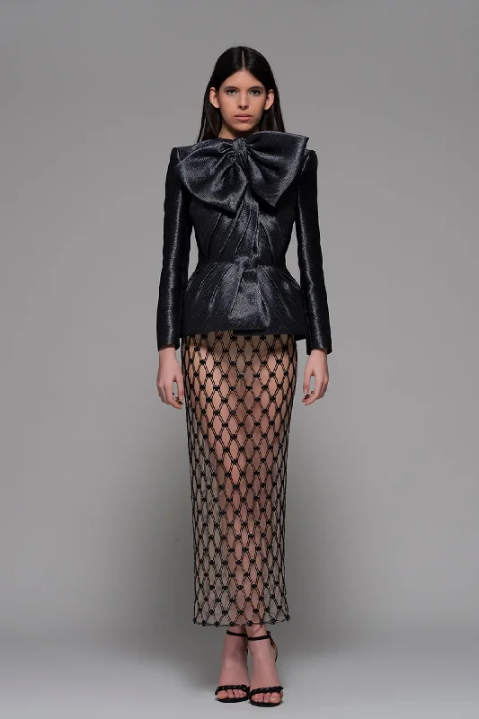 Peplum bow detailed jacket with mesh skirt A-Line Jacket Boat Neck Shawl Collar