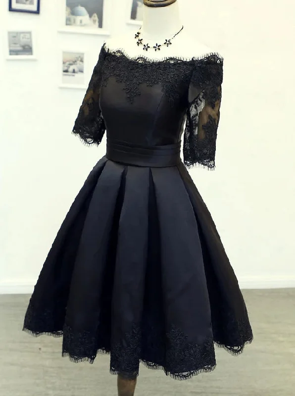 Black Short Homecoming Dresses Half Sleeve Off Shoulder Party Dress OM535 Crew Neckline Sporty