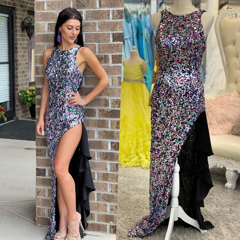 Music Festival Party Dress Lady Sheath Cocktail Hoco Gown Colorful Sequin Homecoming Prom Ruffle Skirt Slit High-Low Hemline Casual