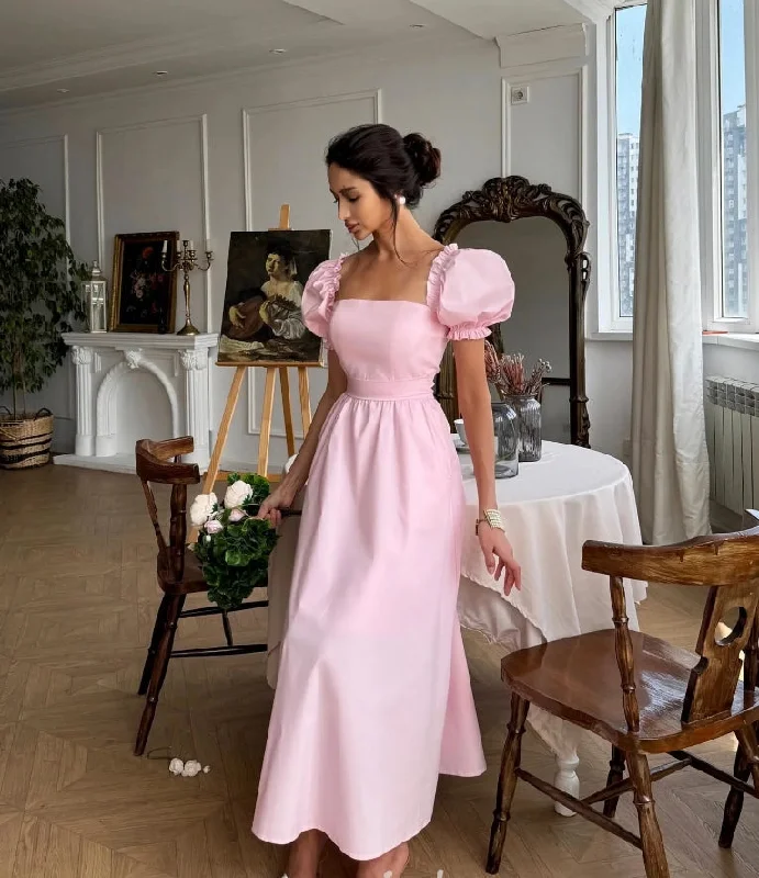 Pink Prom Dresses Princeces French Square Collar Homecoming Party Dress A Line Satin Evening Bride Vestidos De Gala Tunics Running lightweight