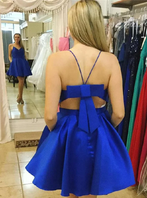 Royal Blue Spaghetti Straps Satin Bowknot Back Short Party Dress With Pockets OC109 Tunics Seasonal trendy