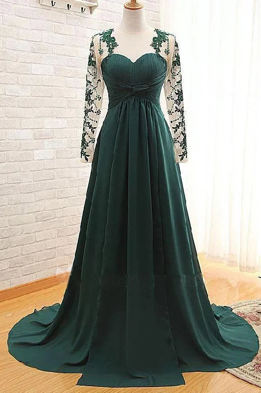 Elegant Long Sleeve Green Chiffon Long Appliqued Prom Dresses Open Back Party Dresses Tunics Print Colorful