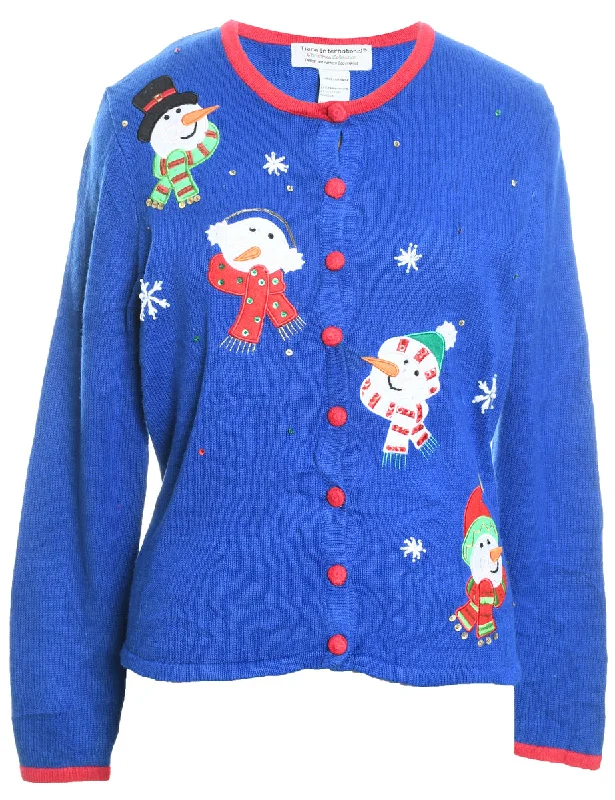 Snowman Christmas Cardigan - L Crew Neck V-Neck Turtle Neck