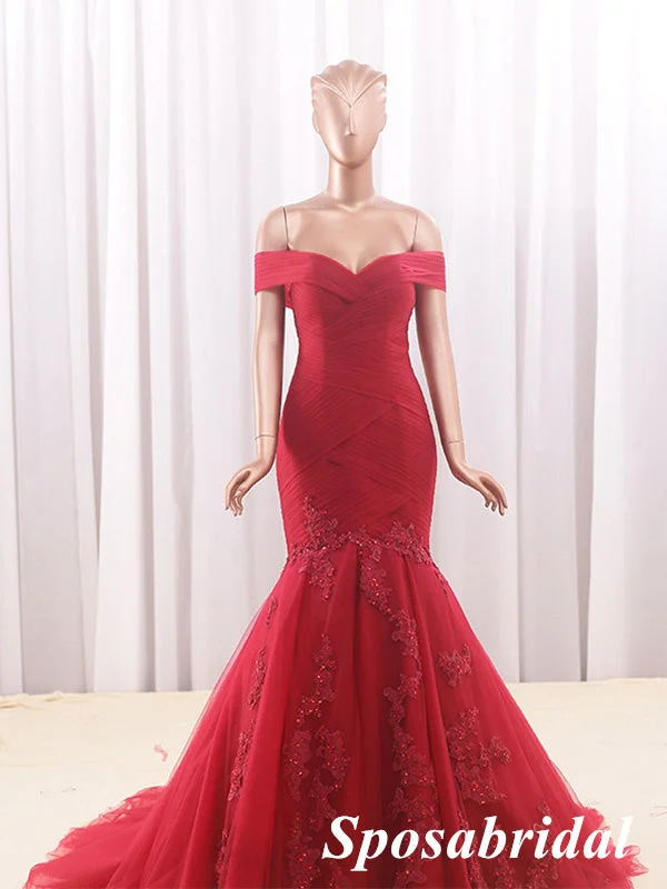 Elegant Red Tulle Off Shoulder Sleeveless Mermaid Long Prom Dress Formal Party Dress, PD3991 Tunics Silk luxurious
