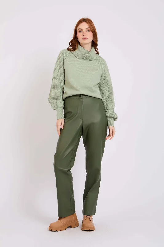 Women Pant  Leather Straight Fit  Green Soft Stretch Pants