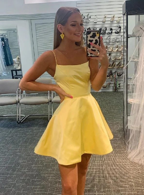 A-Line Lace-Up Daffodil Homecoming Party Dress PD1121 Tunics Satin smooth