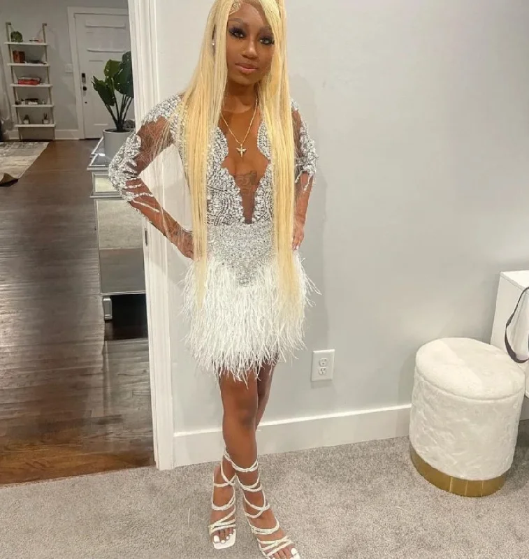 White Sparkling Short Homecoming Dress African Girls Rhinestone Sequins Feather Party Dresses New See Through O Neck Dresses Tunics Recommended stylist