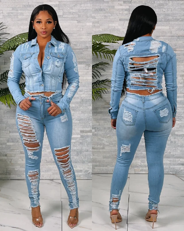 SD123+123XP - HEAVY DISTRESSED JACKET&PANTS SET (PLUS) Print Jacket Jacquard Jacket Embroidered Jacket