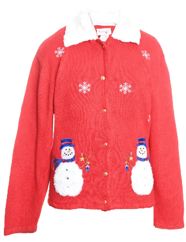 Snowman Design Red Faux Fur Collar Christmas Cardigan - L Zippered Front Buttoned Front Snap Front